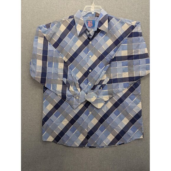 Brooklyn Xpress Shirt Mens 2XL Blue Gray Plaid Button Down Long Sleeve Pocket - Picture 1 of 9